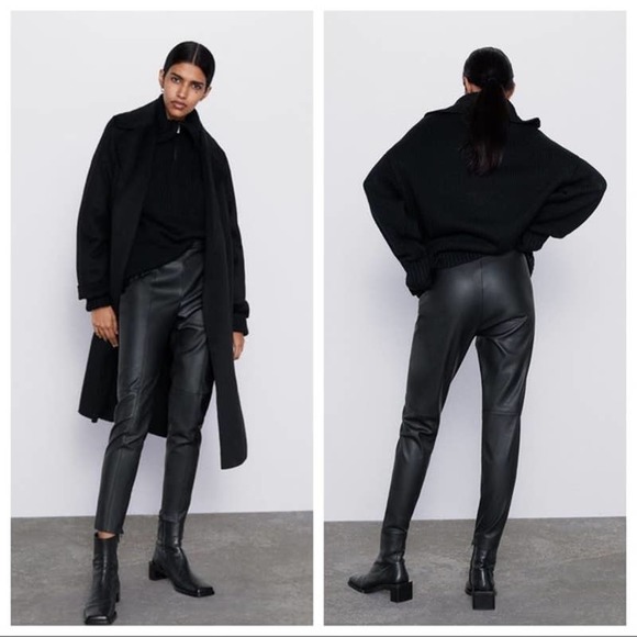 Zara Faux Leather Leggings Small Black High Rise Zippered Vegan Pants - Picture 1 of 16